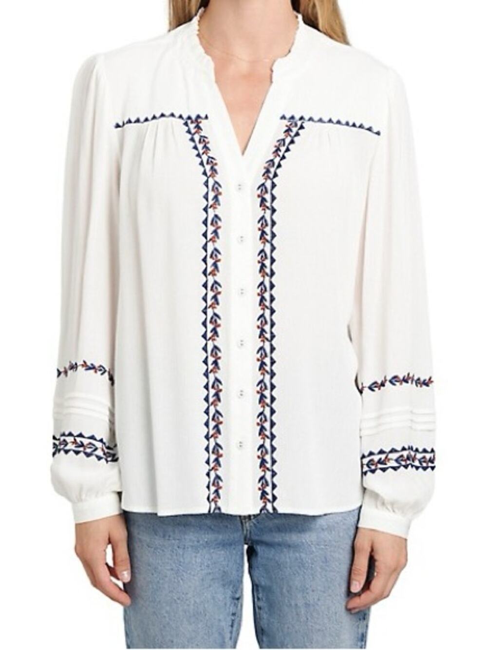 Vintage Threads Embroidered Boho Tribal Peasant Blouse White S Like New
